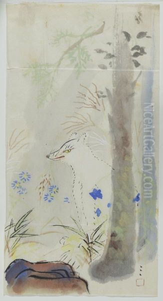 White Fox Oil Painting by Kanzan Shimomura