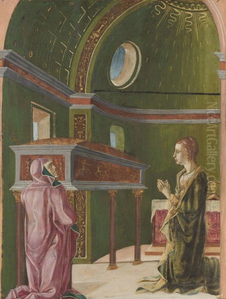 Saint Lucy and Saint Eutychia at the Shrine of Saint Agatha Oil Painting by Cosimo Tura
