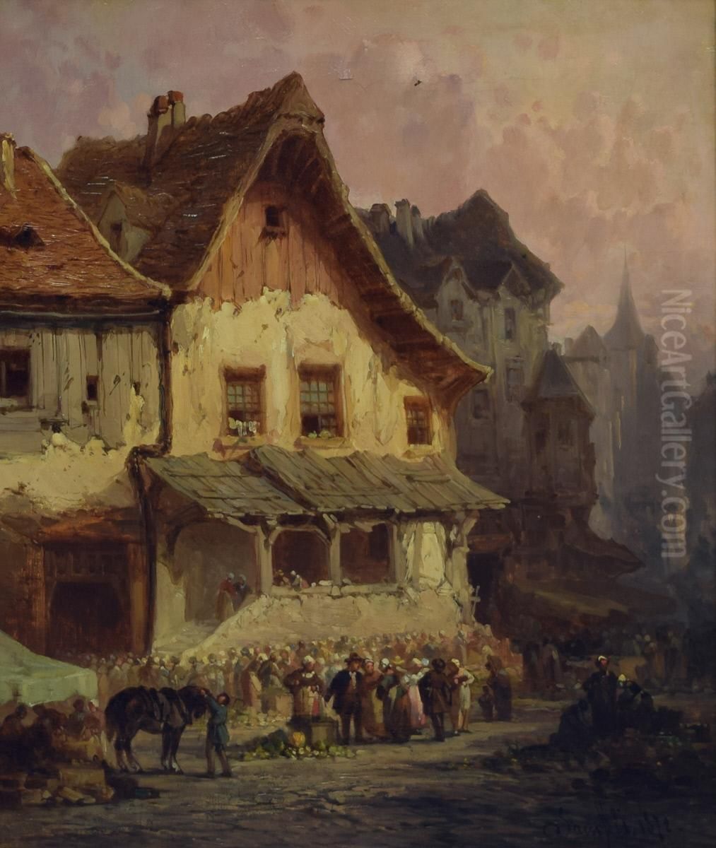 Market Day by Bern Oil Painting by Leonard Saurfelt