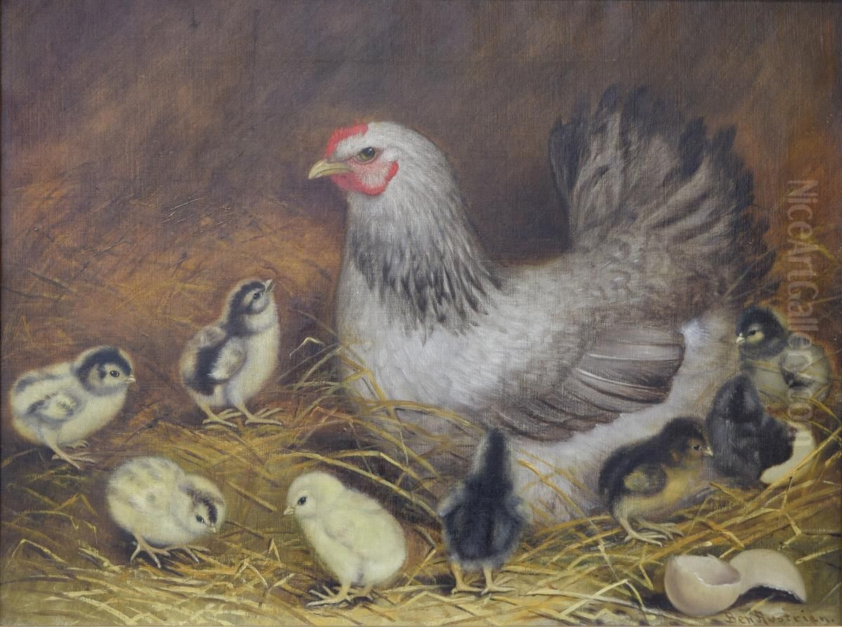 Hen with Baby Chicks Oil Painting by Ben Austrian