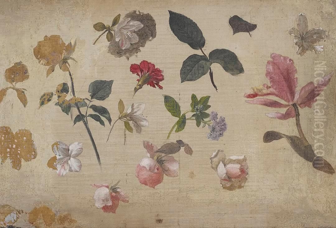 Study of Pink Roses, Leaves, Heliotrope, a Carnation and an Orchid Oil Painting by Martin Johnson Heade