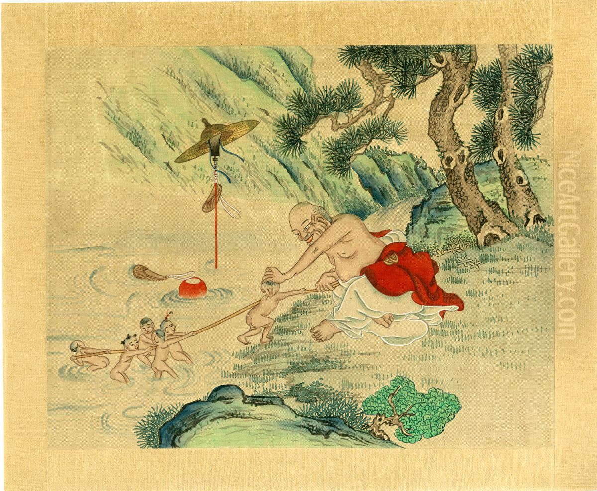 Unsigned album paintings depicting Taoist immortals. Oil Painting by unknown