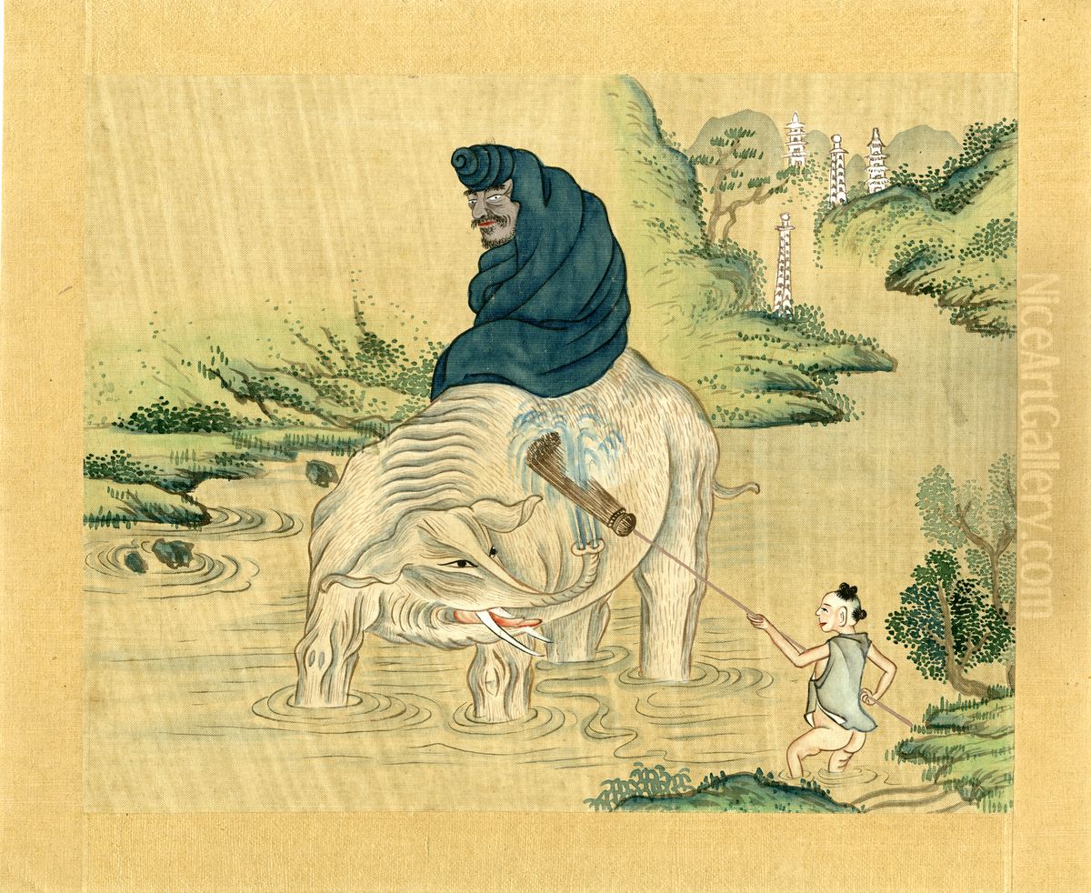 Unsigned album paintings depicting Taoist immortals. Oil Painting by unknown