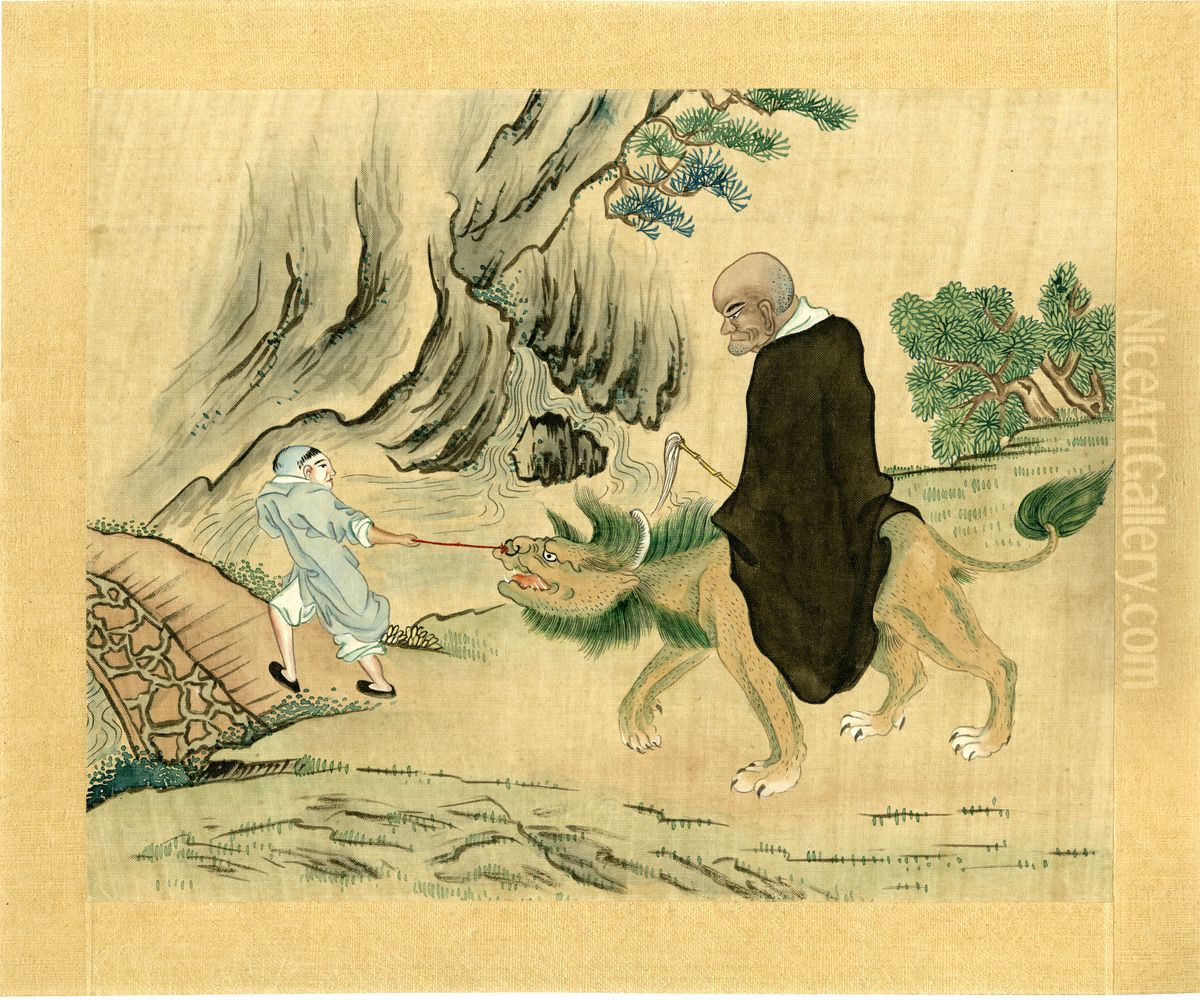 Unsigned album paintings depicting Taoist immortals. Oil Painting by unknown