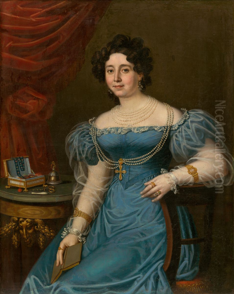Podobizen damy v modrych satach Oil Painting by Janos Rombauer