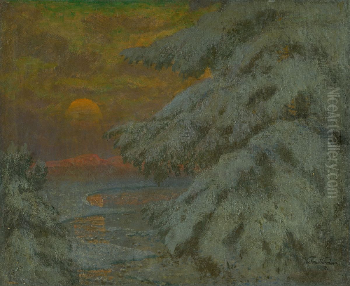 Zapad Slnka v zime Oil Painting by Nandor Katona