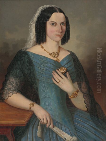 Podobizen damy v modrom Oil Painting by Peter Michal Bohun