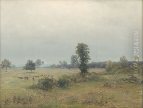 Krajina s pasucimi sa kravami Oil Painting by Lajos Csordak