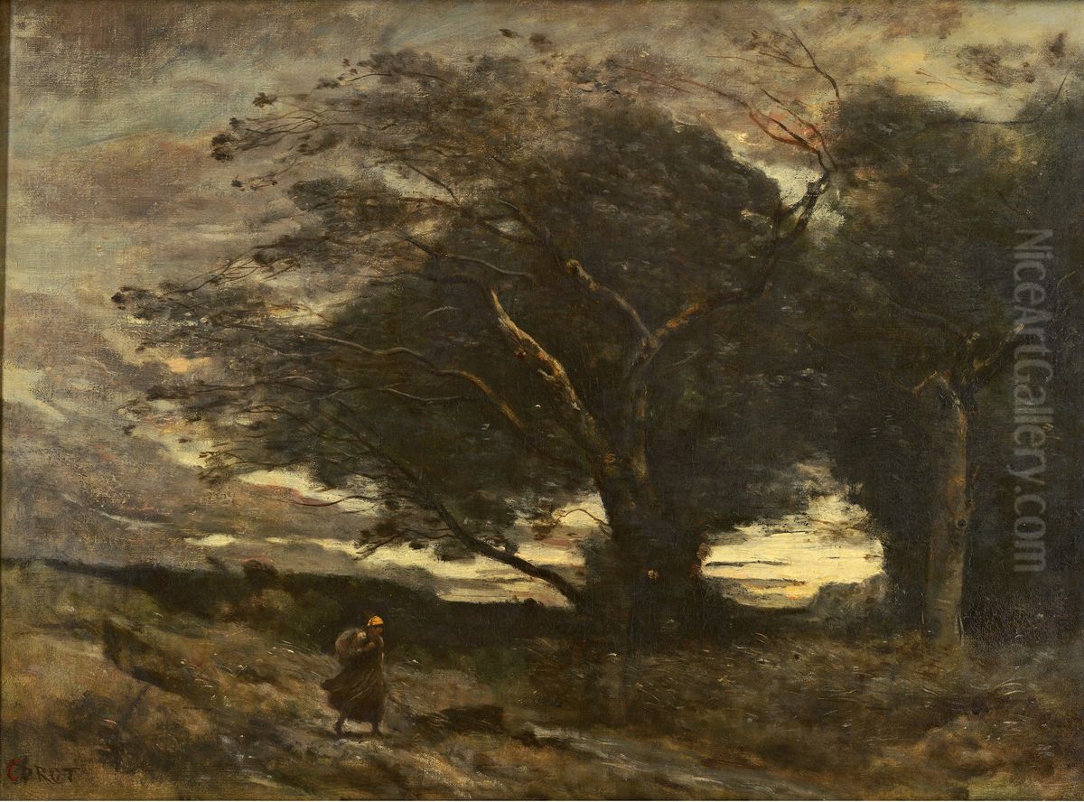 A Gust of Wind Oil Painting by Jean-Baptiste Camille Corot