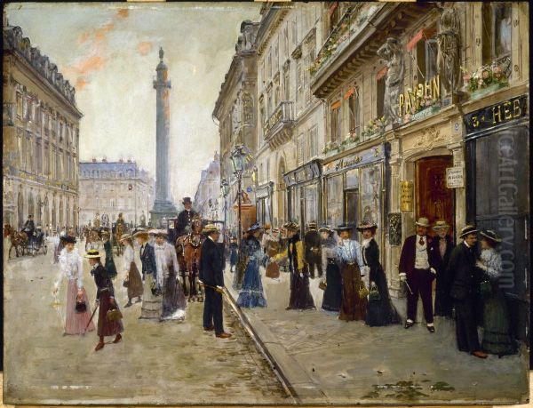 Sortie des ouvrieres de la maison Paquin Oil Painting by Jean Beraud