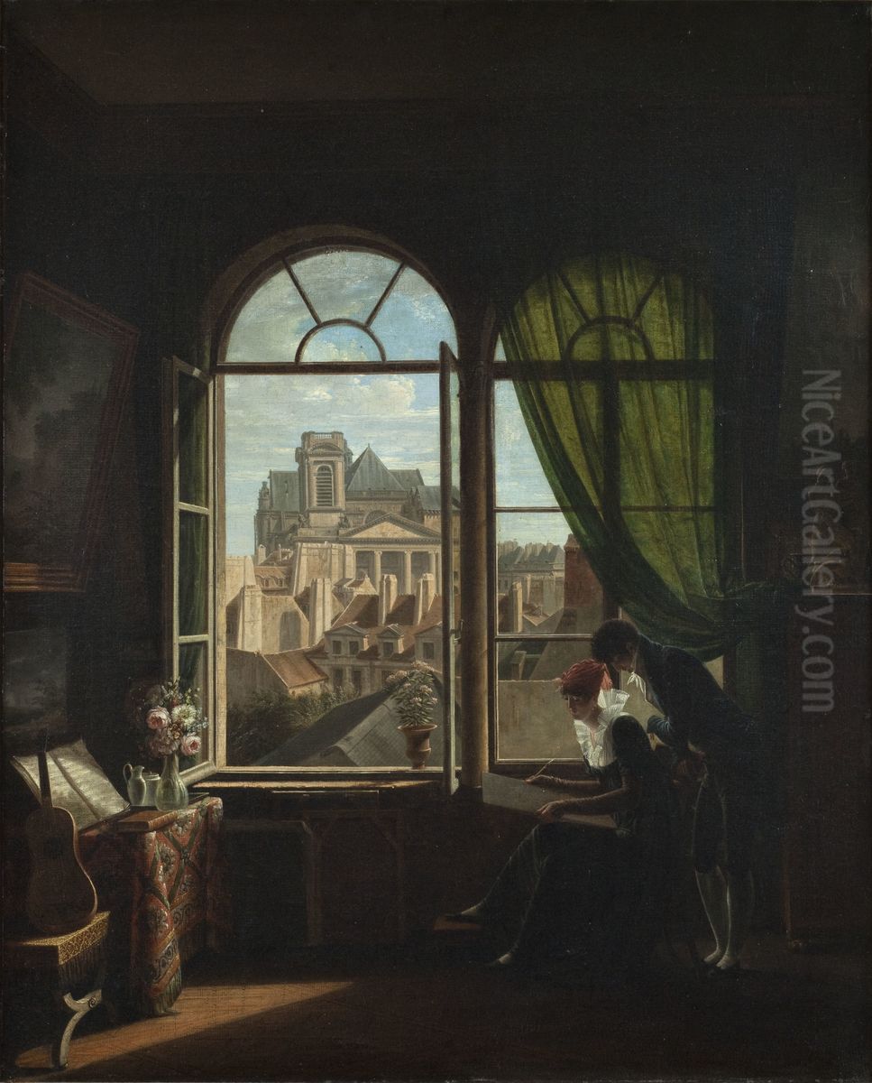 Interior with the artist at work and a view on the Eglise Saint-Eustache Oil Painting by Louise-Adeone Drolling