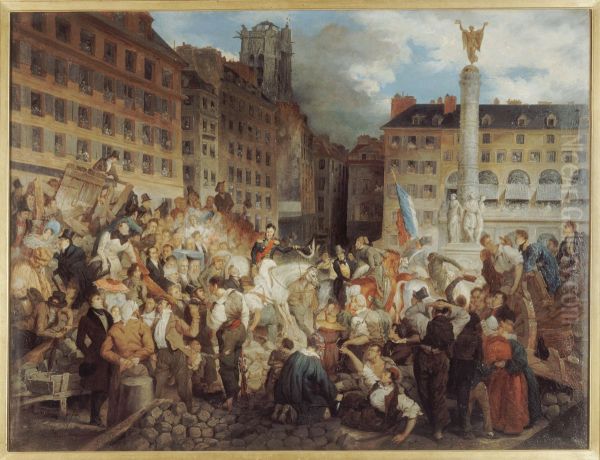 Le duc d'Orleans, se rendant a l'Hotel de Ville, traverse la place du Chatelet, le 31 juillet 1830 Oil Painting by Prosper Lafaye