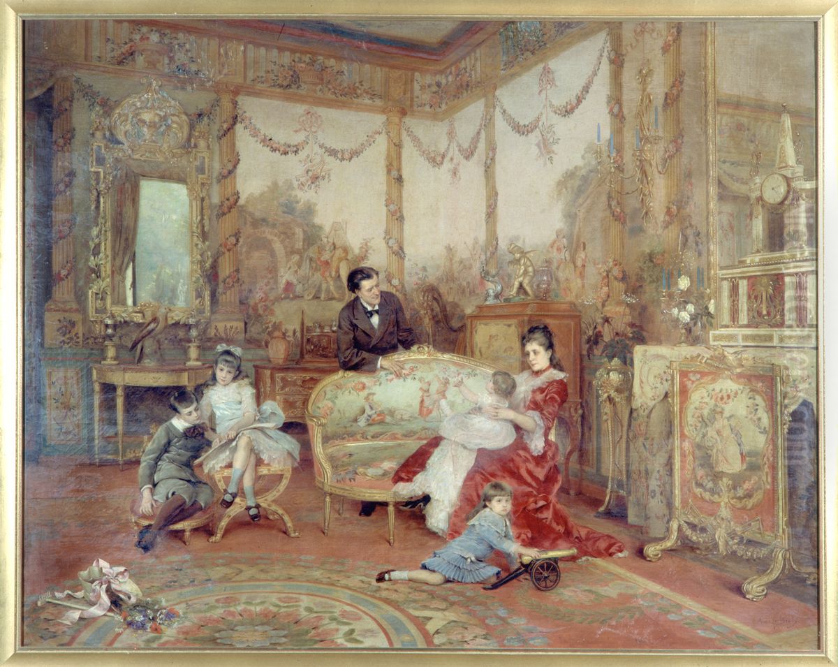 Portrait de Victorien Sardou (1831-1908), de sa femme et de ses enfants dans le grand salon de leur maison de Marly-le-Roi Oil Painting by Auguste de la Brely