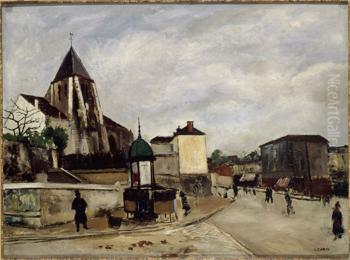 L'Eglise Saint-Germain-de-Charonne, la place Saint-Blaise et la rue de Bagnolet Oil Painting by Marcel Leprin