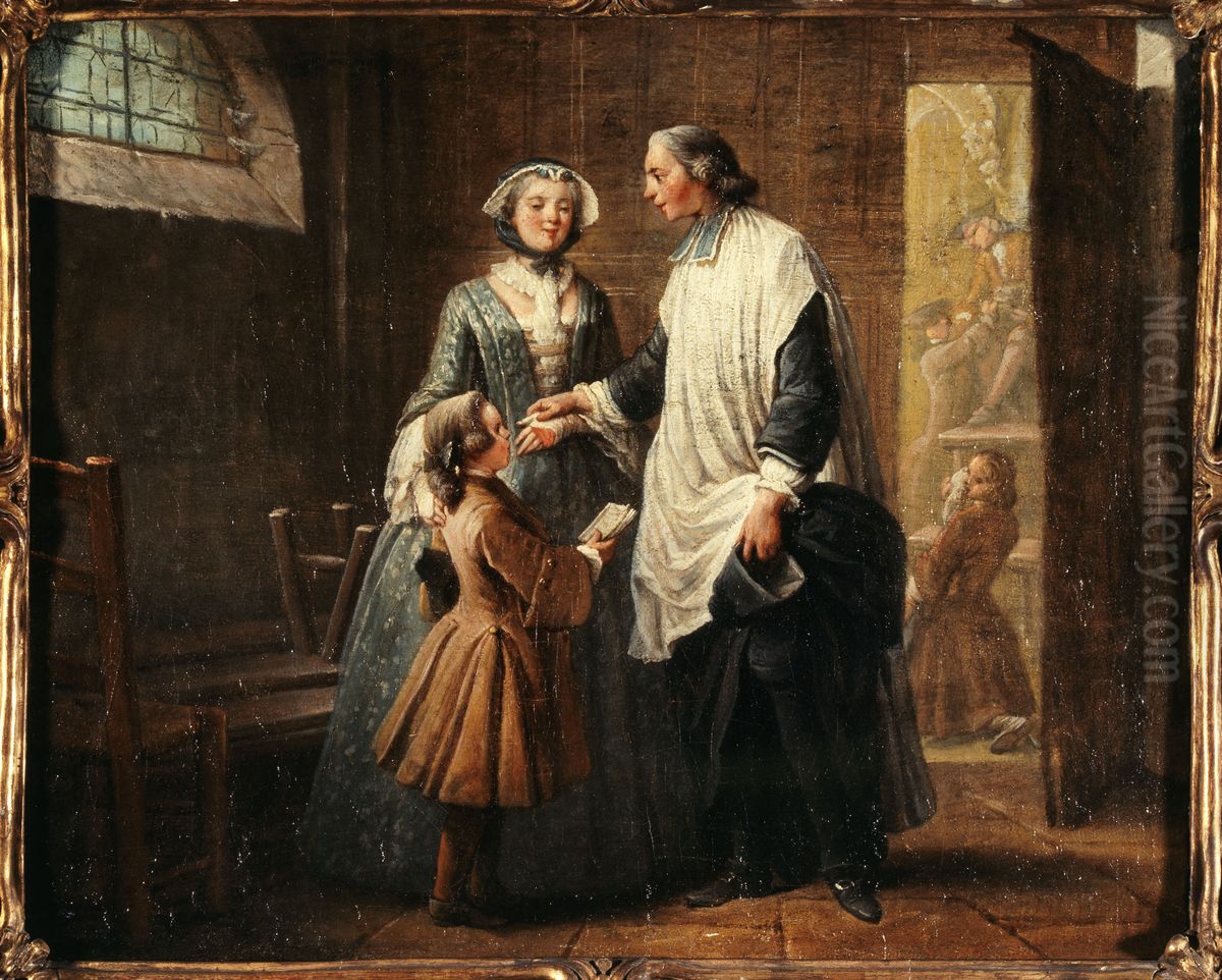 L'Abbe de Catechisme recevant un enfant amene par sa soeur Oil Painting by Pierre Louis Ii Dumesnil
