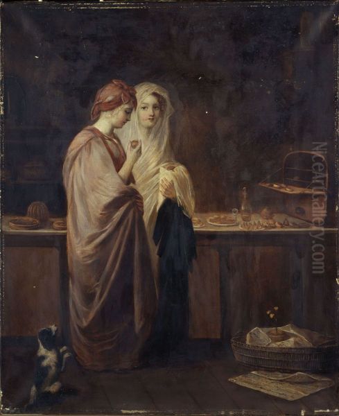 Deux elegantes dans une patisserie Oil Painting by Hortense Haudebourt-Lescot