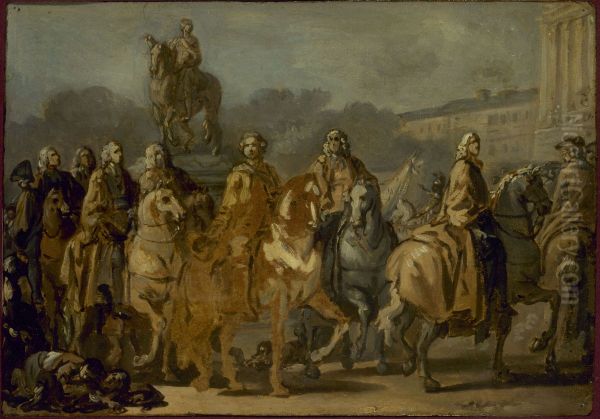 Inauguration de la statue de Louis XV, sur la place du meme nom, par le corps de la Ville de Paris, le 20 juin 1763 Oil Painting by Joseph-Marie Vien