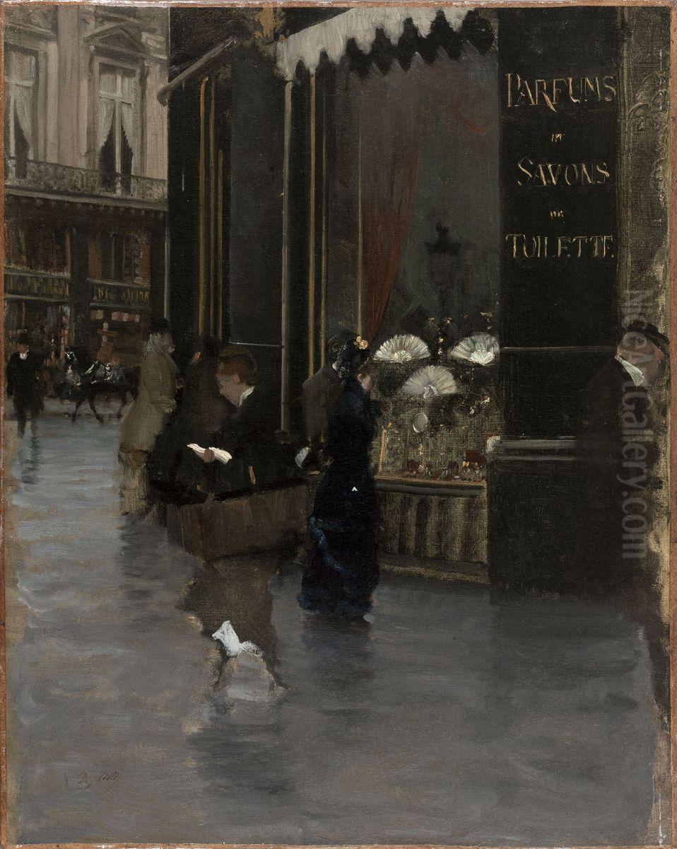 The Violet perfumery, at the corner of Boulevard des Capucines and Rue Scribe in Paris Oil Painting by Giuseppe de Nittis The Violet perfumery, at the corner of Boulevard des Capucines and Rue Scribe in Paris Oil Painting by Giuseppe de Nittis