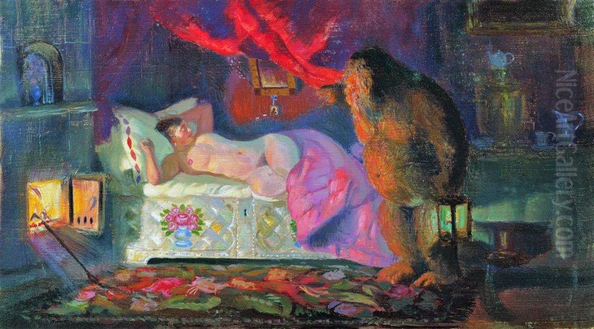 The Merchant Wife and the Domovoi Oil Painting by Boris Kustodiev