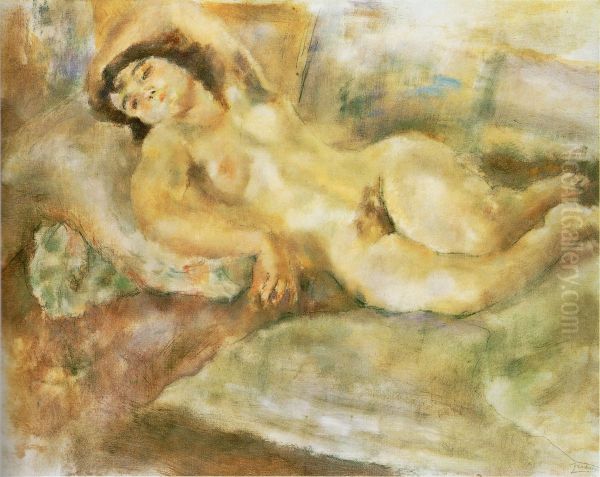 Lying Woman or Manolita ri ben yu: hengtawaru nuaruihamanorita Oil Painting by Jules Pascin