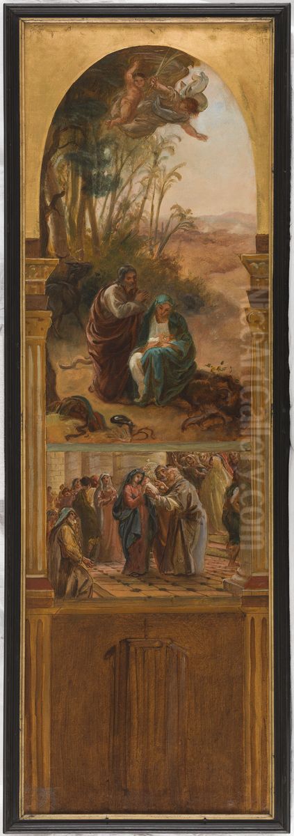 Esquisse pour l'eglise Saint-Eustache : Le repos pendant la fuite en Egypte - La presentation au temple Oil Painting by Leon Riesener