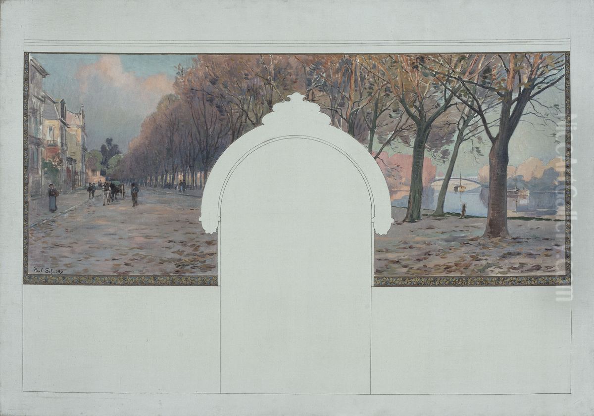 Esquisse pour la mairie d'Asnieres : Paysage. Quais de la Seine a Asnieres Oil Painting by Paul Schmitt