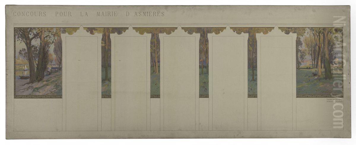 Esquisse pour la salle des fetes de la mairie d'Asnieres : Paysage de sous-bois Oil Painting by Paul Schmitt