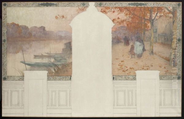 Esquisse pour la mairie d'Asnieres : Automne, la Seine a Asnieres Oil Painting by Henri Gaston Darien
