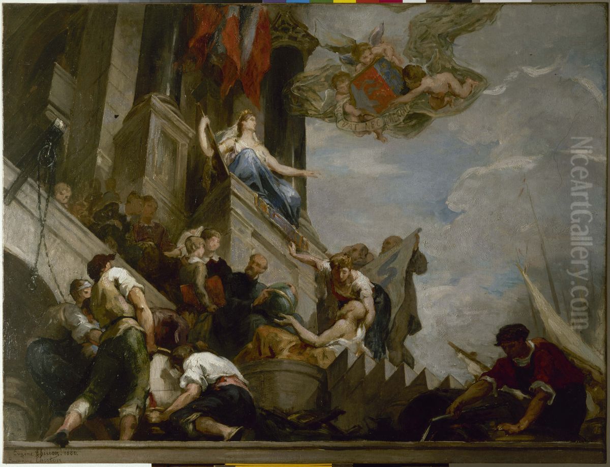 Esquisse pour la mairie du 12eme : Les industries du 12eme arrondissement. L'Instruction et l'Assistance publique. (plafond de l'escalier d'honneur) Oil Painting by Eugene Romain Thirion