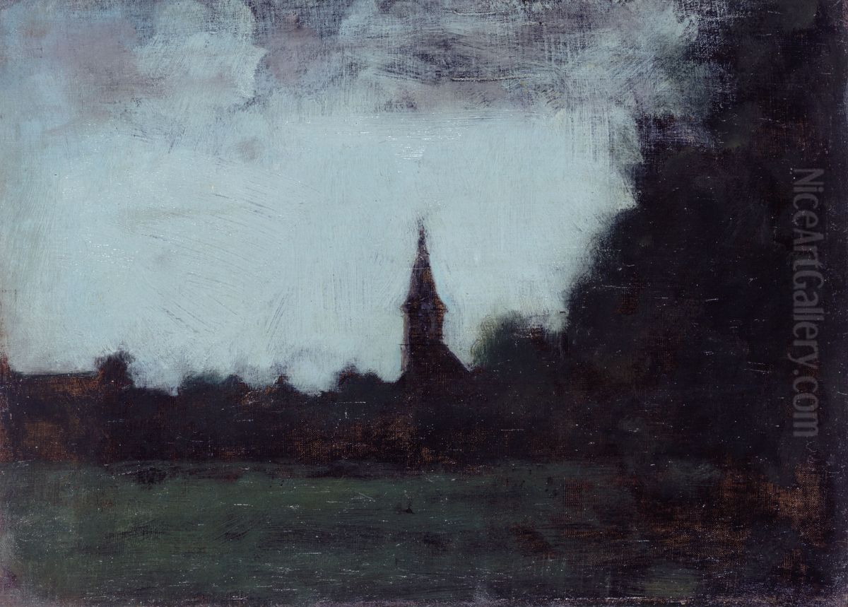 Paysage d'Alsace, le clocher de Bernwiller Oil Painting by Jean-Jacques Henner