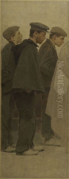 La Bouchee de pain : trois jeunes hommes de profil Oil Painting by Fernand Pelez