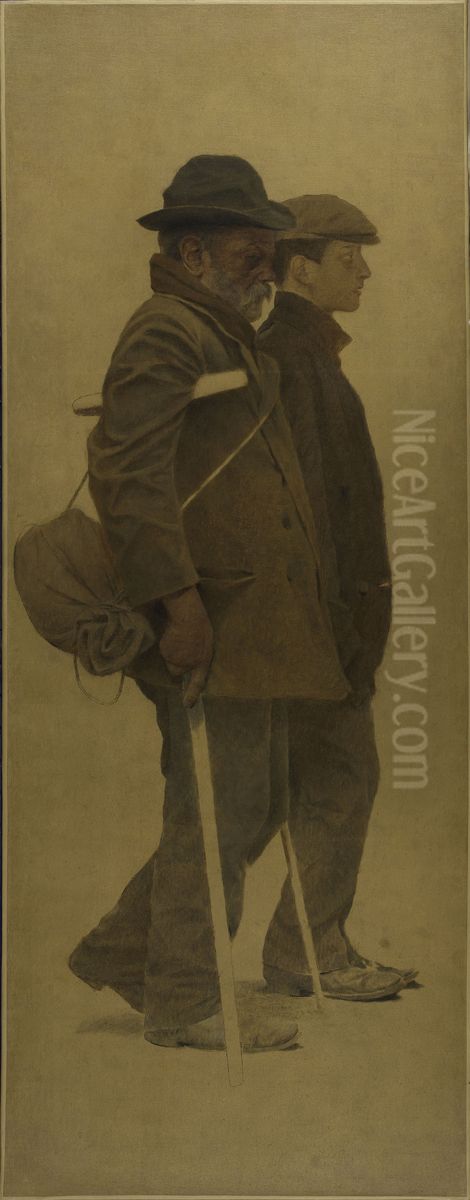 La Bouchee de pain : un vieil homme a bequilles et un jeune homme cote a cote Oil Painting by Fernand Pelez