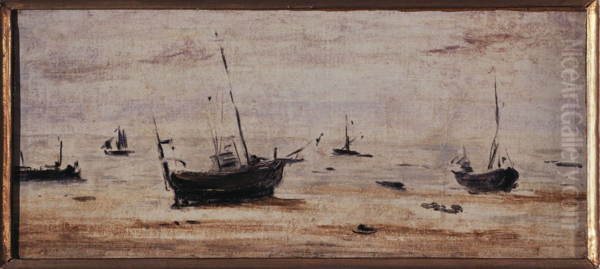 Bateaux echoues a maree basse Oil Painting by Eugene Louis Boudin
