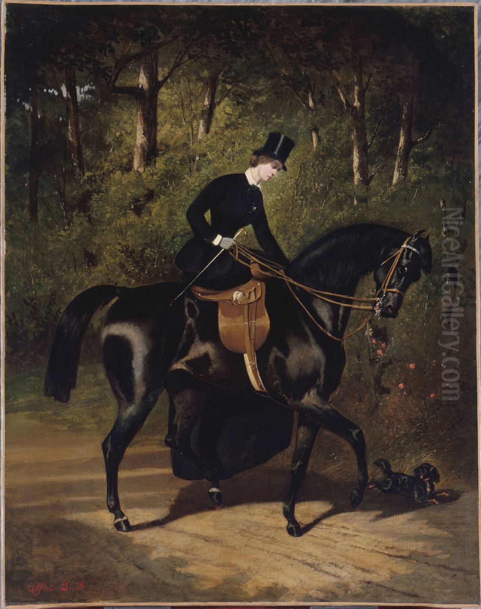 L'ecuyere Kippler sur sa jument noire Oil Painting by Alfred De Dreux