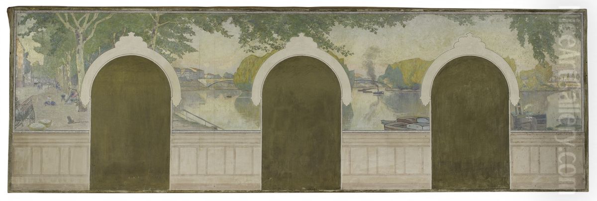 Esquisse pour la mairie d'Asnieres : La Seine au pont de Clichy. Oil Painting by Henry Bouvet