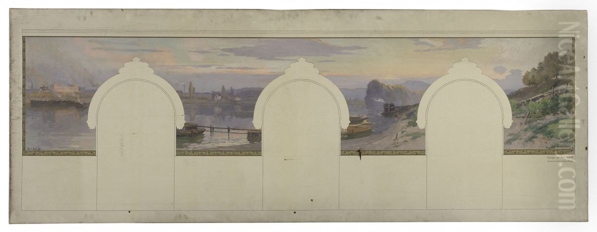Esquisse pour la mairie d'Asnieres : Paysage de bord de Seine Oil Painting by Paul Schmitt