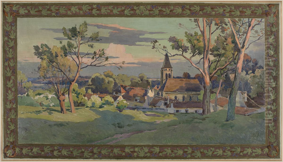 Esquisse pour la mairie de Thiais : village avec une eglise Oil Painting by Paul Schmitt