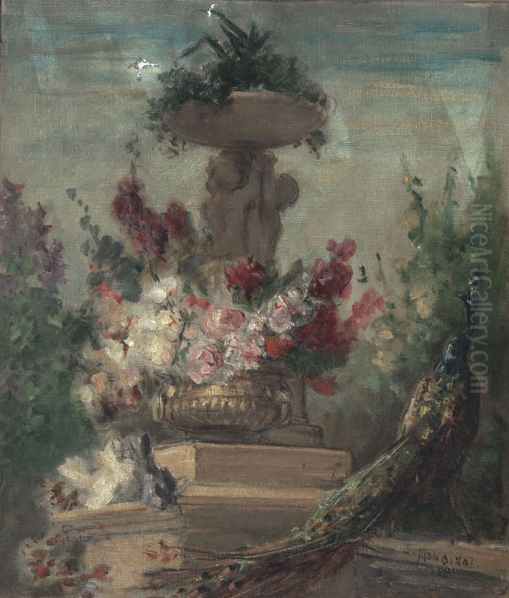 Esquisse pour le vestibule du salon des Lettres de l'Hotel de Ville de Paris : Fleurs et paon Oil Painting by Charles Monginot