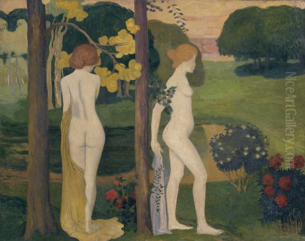 Two nudes in a landscape (recto), Ladies with a hat and landscape study (verso) Oil Painting by Aristide Maillol