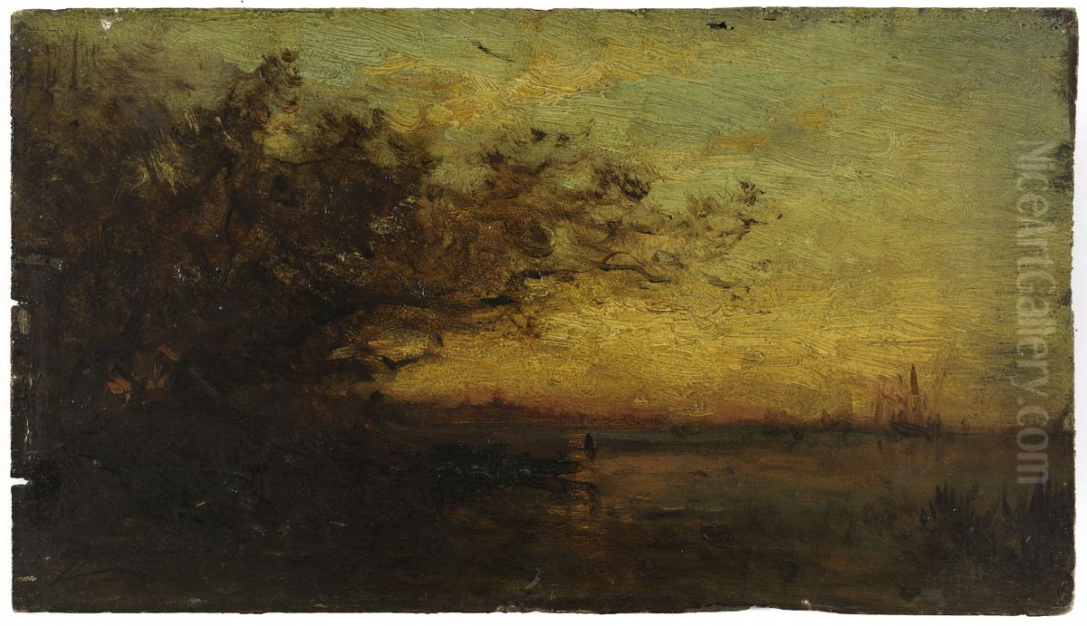 Plan d'eau, soleil couchant. Au revers : Deux etudes Oil Painting by Felix Ziem