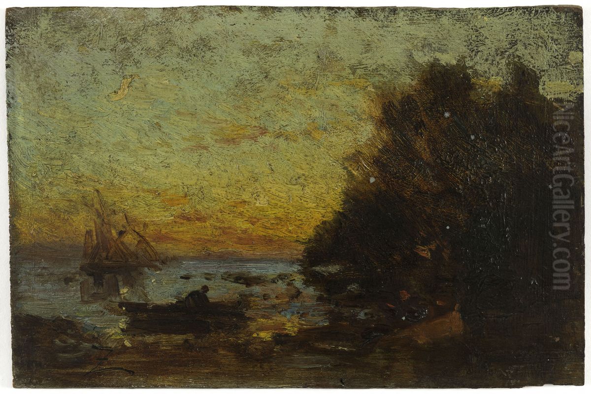 Barque et voiliers, couche de soleil. Au revers : Marine Oil Painting by Felix Ziem Barque et voiliers, couche de soleil. Au revers : Marine Oil Painting by Felix Ziem