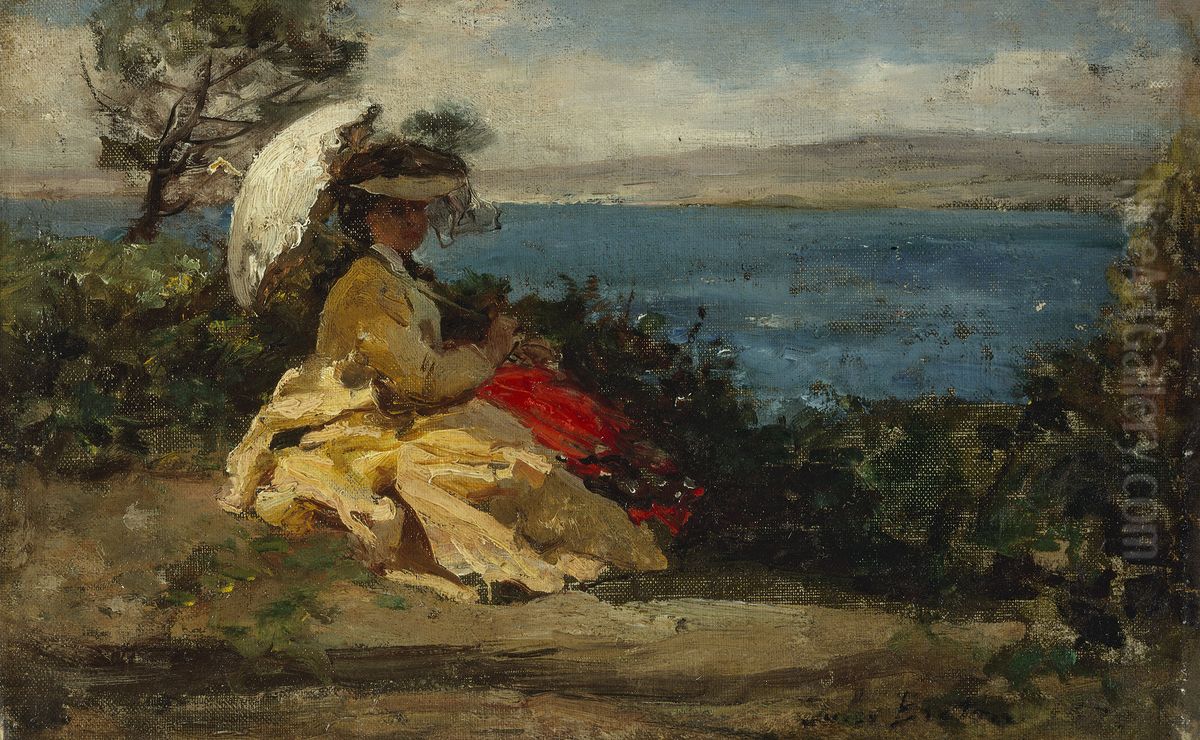 Woman with umbrella, Douarnenez bay Oil Painting by Jules Breton