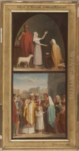 Esquisse pour l'eglise Saint-Eustache : Sainte Genevieve guerit sa mere aveugle. Saint Germain d'Auxerre et saint Loup predisent aux parents de Sainte Genevieve la destinee de leur fille.