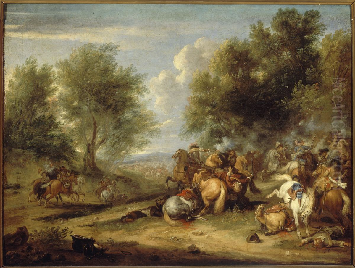 Landscape with cavalry combat Oil Painting by Adam Frans van der Meulen