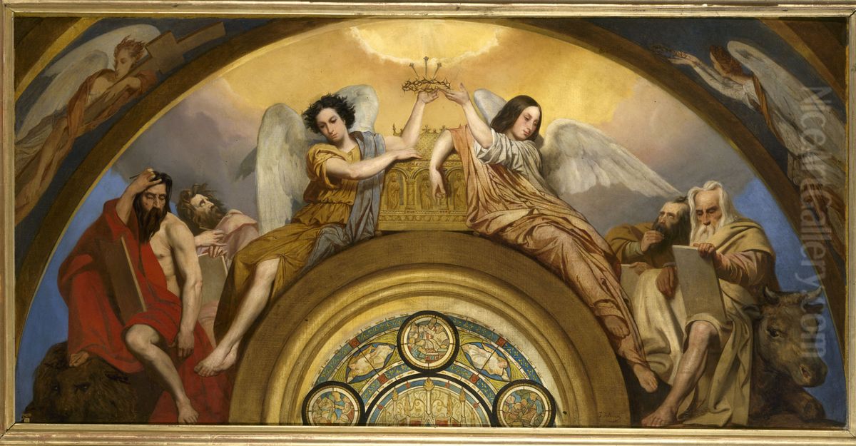 Esquisse pour l'eglise Saint-Louis-en-l'Ile : Les Reliques de la Passion - Deux anges et les quatre Evangelistes Oil Painting by Pierre-Jules Jollivet