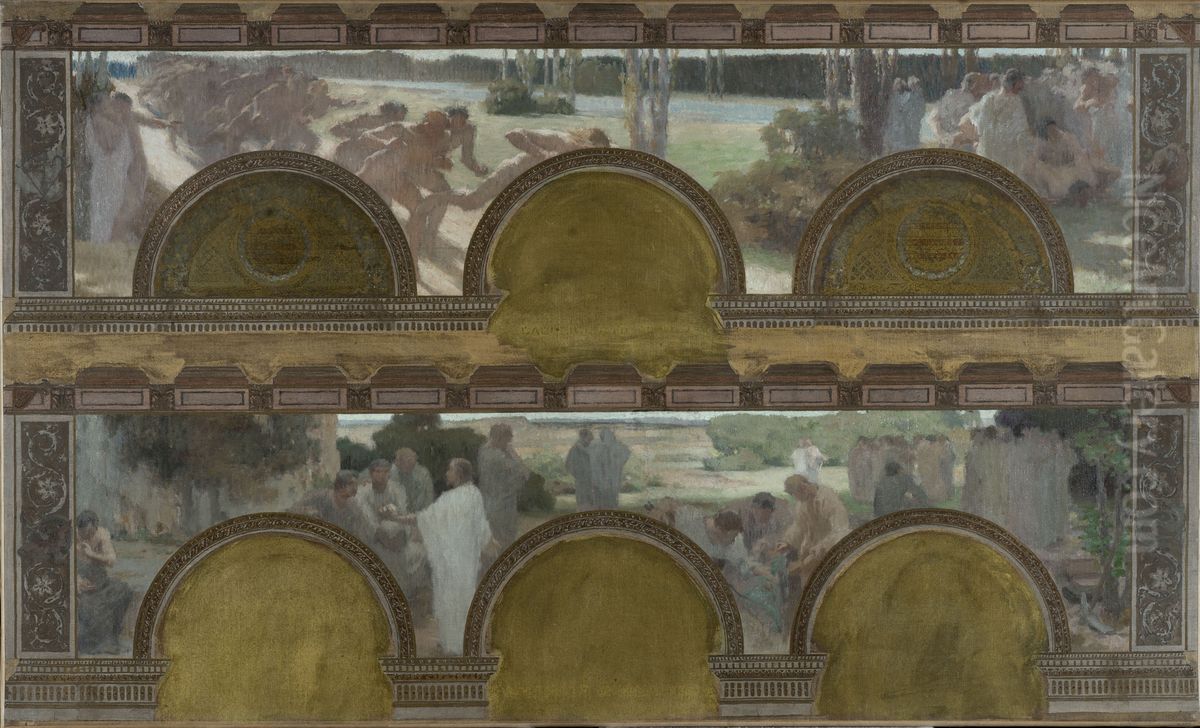 Esquisse pour le salon d'entree nord de l'Hotel de Ville de Paris : Les exercices physiques, les exercices intellectuels. Oil Painting by Henri Bonis
