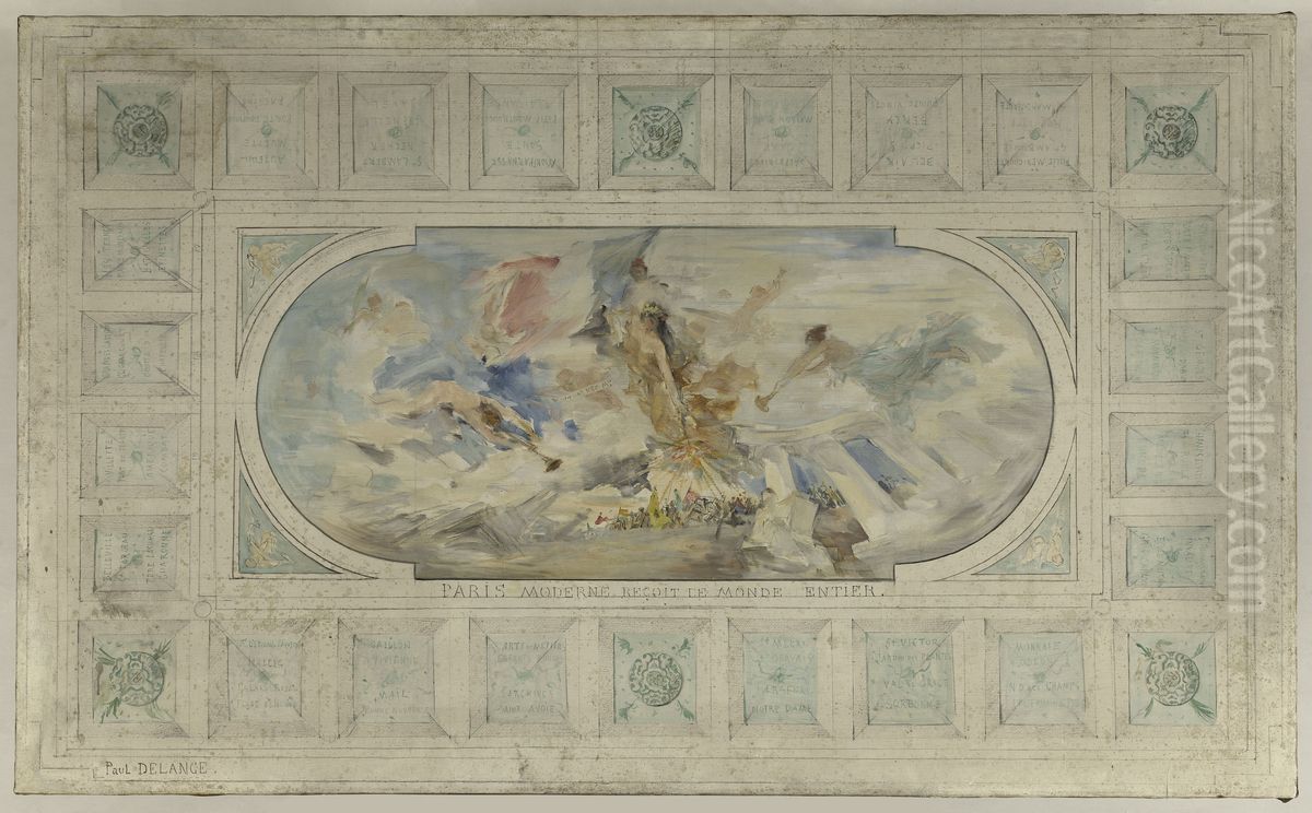 Esquisse pour le salon d'entree de l'Hotel de Ville : Paris moderne recoit le monde entier Oil Painting by Paul-Louis Delance