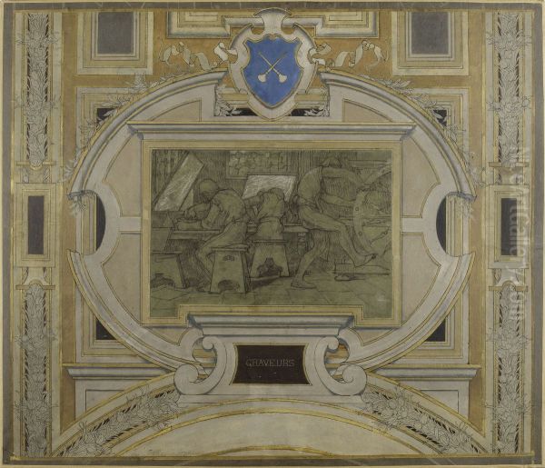 Esquisse pour la galerie des Metiers de l'Hotel de Ville : Graveurs Oil Painting by Pierre-Victor Galland