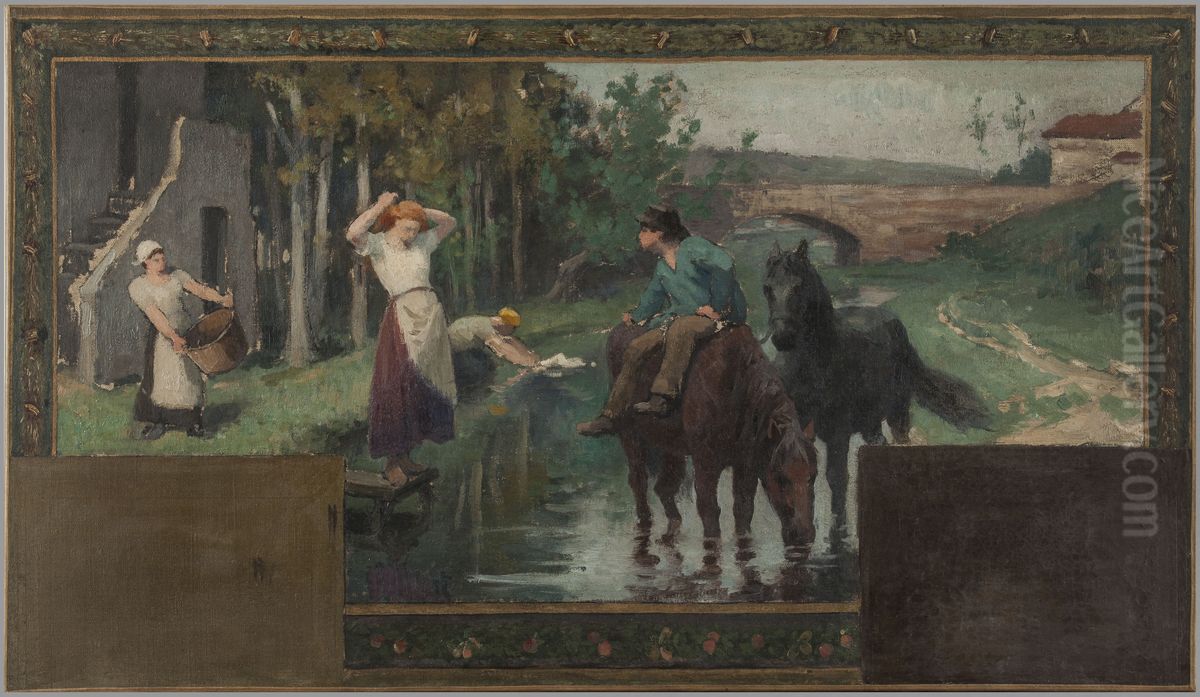 Esquisse pour la mairie d'Arcueil-Cachan : L'abreuvoir Oil Painting by Paul Baudouin
