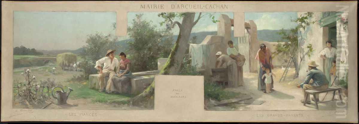 Esquisse pour la mairie d'Arcueil-Cachan : les fiances, les grands-parents Oil Painting by Alfred-Henri Bramtot